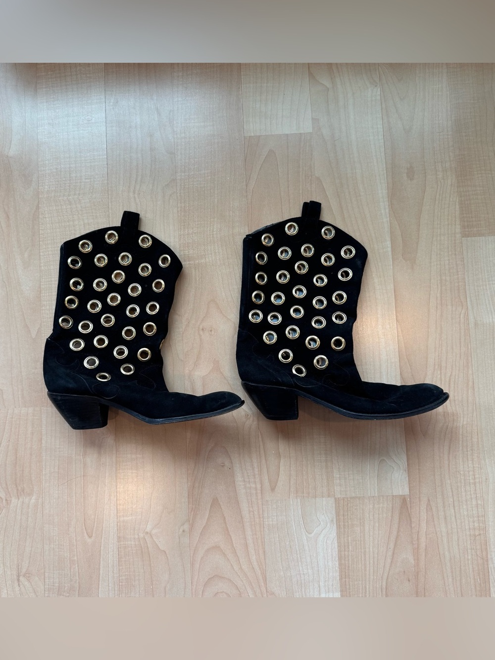 Black Suede Western cow boy Boots with Gold Grommet Detail